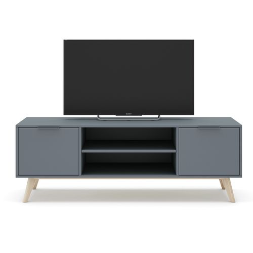 Meuble TV, Meuble De Salon Aspect Bois Avec 2 Portes Et 2 Niches Coloris Vert Kaki, Pieds En Pin