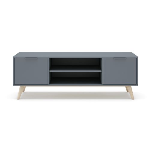Meuble TV, Meuble De Salon Aspect Bois Avec 2 Portes Et 2 Niches Coloris Vert Kaki, Pieds En Pin
