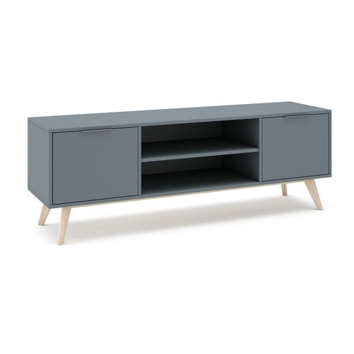 Meuble TV, Meuble De Salon Aspect Bois Avec 2 Portes Et 2 Niches Coloris Vert Kaki, Pieds En Pin