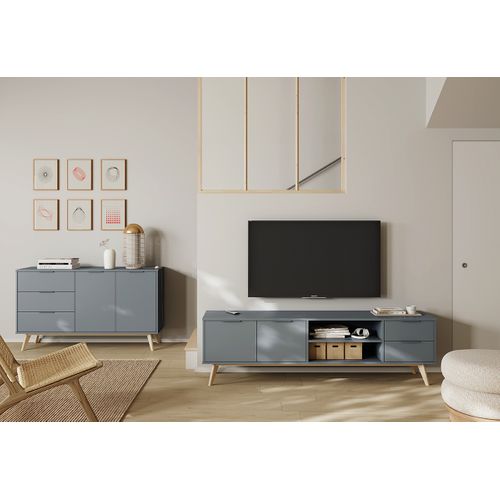 Buffet, Commode Rectangulaire Avec 2 Portes Et 3 Tiroirs Aspect Bois Coloris Vert Kaki