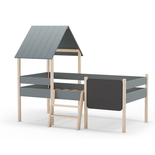 Lit Cabane Pour Enfant En Bois Coloris Blanc Ciré Et Vert Kaki, Couchage 90 X 190 Cm