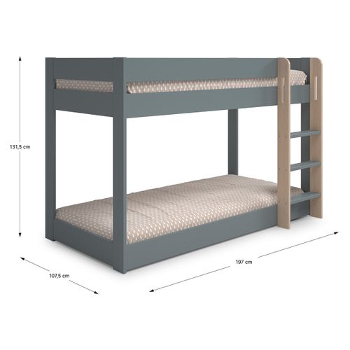 Lit Superposé Enfant En Bois Coloris Vert Kaki, Blanc Ciré, Couchage 90 X 190 Cm