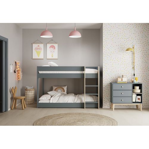 Lit Superposé Enfant En Bois Coloris Vert Kaki, Blanc Ciré, Couchage 90 X 190 Cm