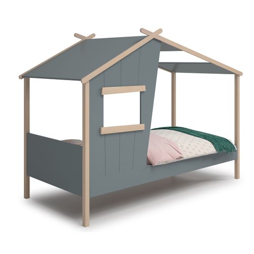 Lit Cabane Pour Enfant Coloris Vert Kaki, Blanc Ciré , Couchage 90 X 190 Cm