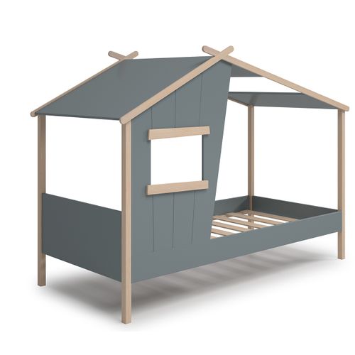 Lit Cabane Pour Enfant Coloris Vert Kaki, Blanc Ciré , Couchage 90 X 190 Cm