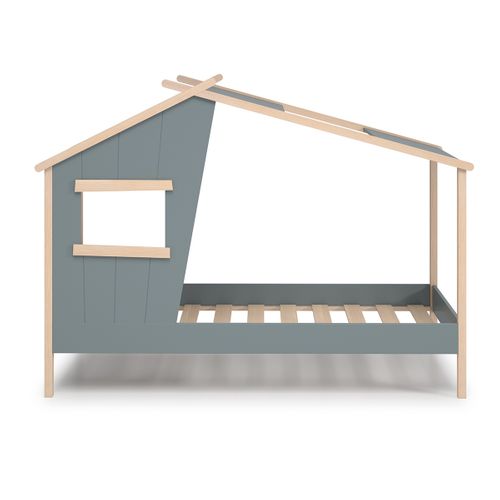 Lit Cabane Pour Enfant Coloris Vert Kaki, Blanc Ciré , Couchage 90 X 190 Cm