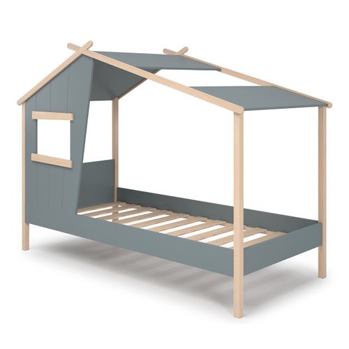 Lit Cabane Pour Enfant Coloris Vert Kaki, Blanc Ciré , Couchage 90 X 190 Cm