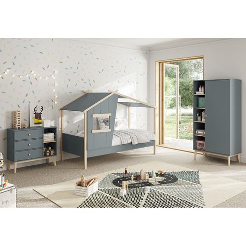 Lit Cabane Pour Enfant Coloris Vert Kaki, Blanc Ciré , Couchage 90 X 190 Cm