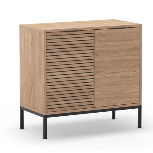 Buffet, Meuble De Rangement Avec 2 Portes Aspect Bois Coloris Naturel, Pieds En Métal Coloris Noir