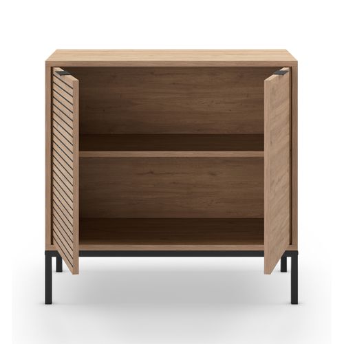 Buffet, Meuble De Rangement Avec 2 Portes Aspect Bois Coloris Naturel, Pieds En Métal Coloris Noir