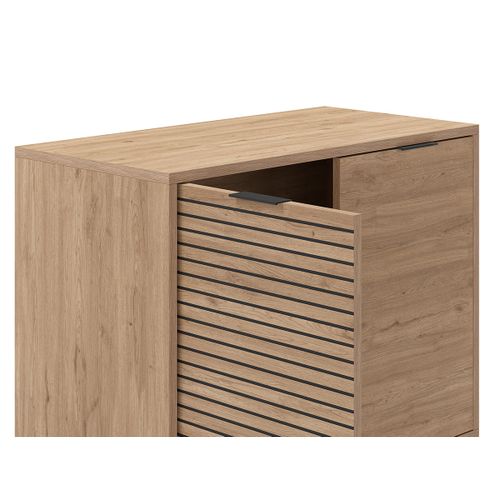 Buffet, Meuble De Rangement Avec 2 Portes Aspect Bois Coloris Naturel, Pieds En Métal Coloris Noir