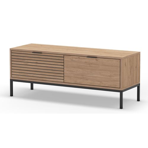 Meuble TV, Meuble De Salon Avec 2 Tiroirs Aspect Bois Coloris Naturel, Pieds En Métal Coloris Noir