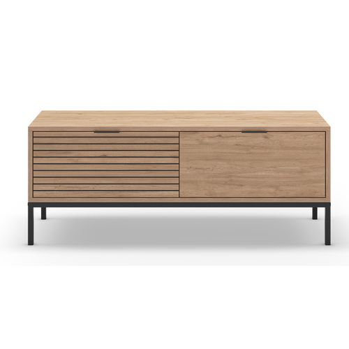 Meuble TV, Meuble De Salon Avec 2 Tiroirs Aspect Bois Coloris Naturel, Pieds En Métal Coloris Noir