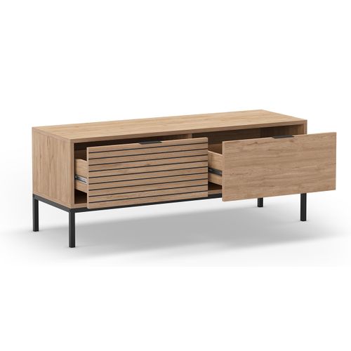 Meuble TV, Meuble De Salon Avec 2 Tiroirs Aspect Bois Coloris Naturel, Pieds En Métal Coloris Noir