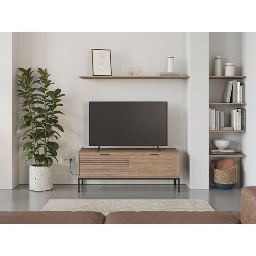 Meuble TV, Meuble De Salon Avec 2 Tiroirs Aspect Bois Coloris Naturel, Pieds En Métal Coloris Noir