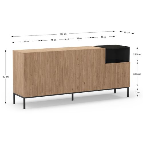 Buffet, Commode Rectangulaire Avec 4 Portes Aspect Bois Coloris Naturel, Noir