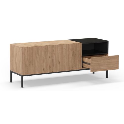 Meuble TV, Meuble De Salon Aspect Bois Avec 2 Portes Et 1 Tiroir Coloris Naturel Et Noir