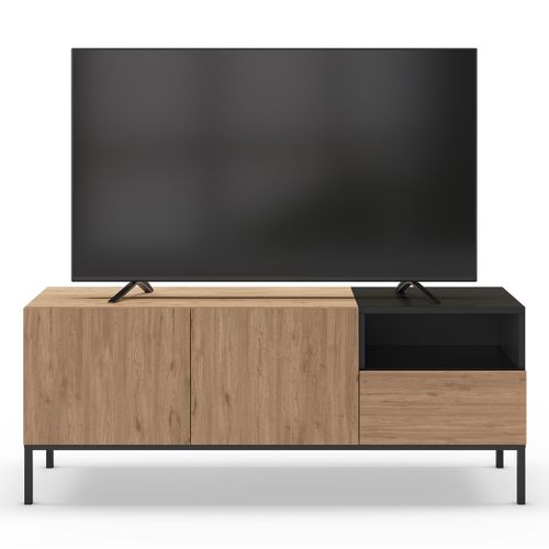Meuble TV, Meuble De Salon Aspect Bois Avec 2 Portes Et 1 Tiroir Coloris Naturel Et Noir