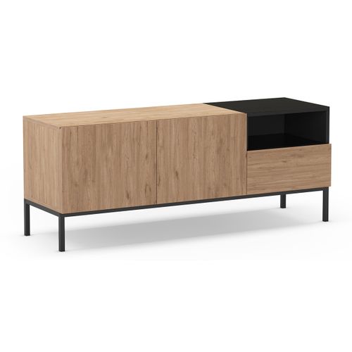 Meuble TV, Meuble De Salon Aspect Bois Avec 2 Portes Et 1 Tiroir Coloris Naturel Et Noir