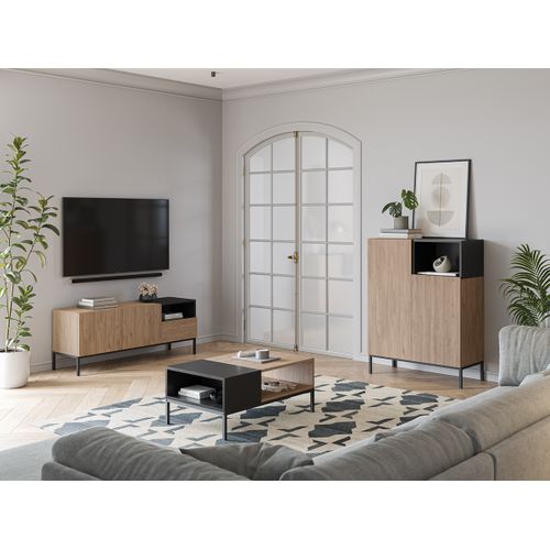 Buffet, Meuble De Rangement Aspect Bois Coloris Naturel Et Noir Avec 2 Portes