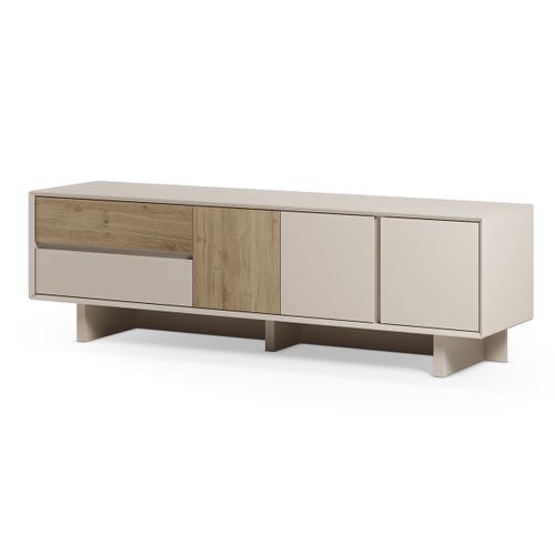 Meuble TV, Meuble De Salon Avec 3 Portes Et 2 Tiroirs Aspect Bois Coloris Chêne, Blanc