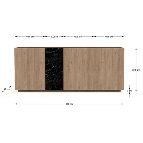 Buffet, Commode De Rangement Aspect Bois Coloris Naturel Et Effet Marbre Noir