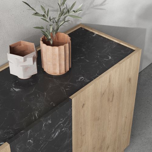 Buffet, Commode De Rangement Aspect Bois Coloris Naturel Et Effet Marbre Noir