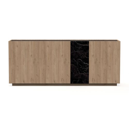 Buffet, Commode De Rangement Aspect Bois Coloris Naturel Et Effet Marbre Noir