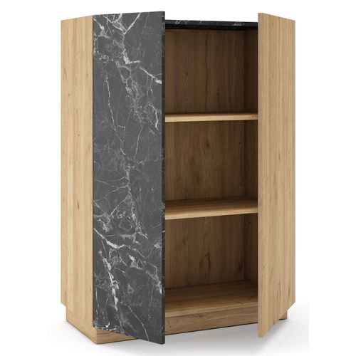 Buffet, Meuble De Rangement Aspect Bois Avec 2 Portes Coloris Naturel Et Effet Marbre Noir