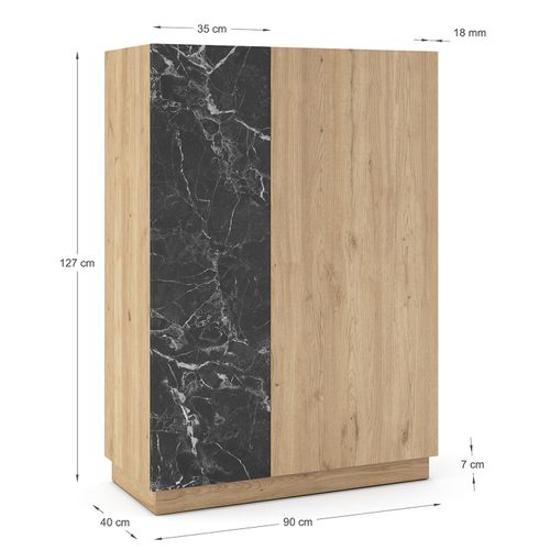 Buffet, Meuble De Rangement Aspect Bois Avec 2 Portes Coloris Naturel Et Effet Marbre Noir