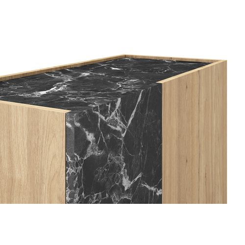 Buffet, Meuble De Rangement Aspect Bois Avec 2 Portes Coloris Naturel Et Effet Marbre Noir