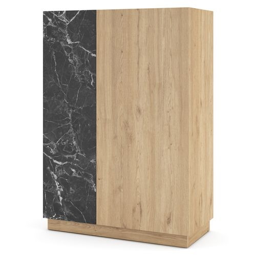 Buffet, Meuble De Rangement Aspect Bois Avec 2 Portes Coloris Naturel Et Effet Marbre Noir