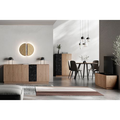 Buffet, Meuble De Rangement Aspect Bois Avec 2 Portes Coloris Naturel Et Effet Marbre Noir