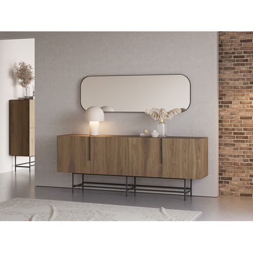 Buffet, Meuble De Rangement Aspect Bois Coloris Chêne Et Pieds En Métal Noir