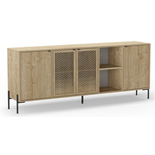 Buffet, Meuble De Rangement Aspect Bois Coloris Chêne, Pieds En Métal Noir