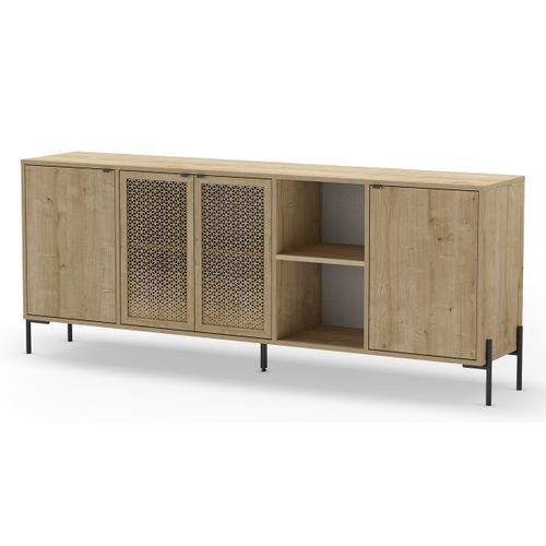 Buffet, Meuble De Rangement Aspect Bois Coloris Chêne, Pieds En Métal Noir