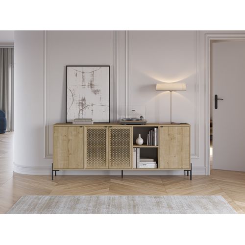Buffet, Meuble De Rangement Aspect Bois Coloris Chêne, Pieds En Métal Noir