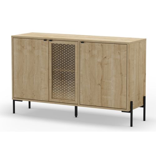 Buffet, Meuble De Rangement Avec 3 Portes Aspect Bois Coloris Chêne Et Pieds En Métal Noir