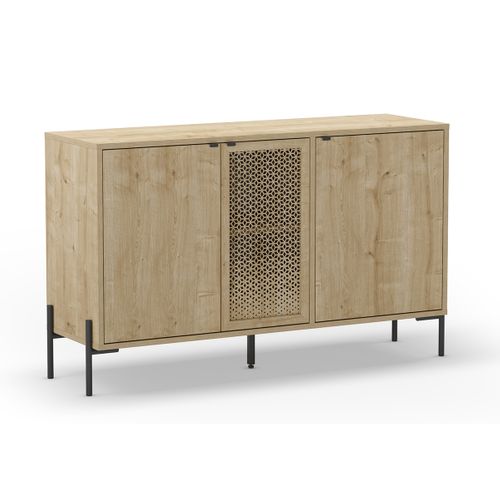 Buffet, Meuble De Rangement Avec 3 Portes Aspect Bois Coloris Chêne Et Pieds En Métal Noir