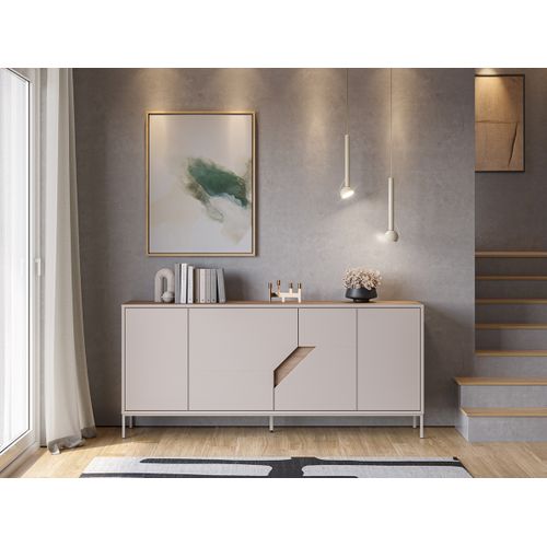 Buffet, Commode De Rangement Avec 4 Portes Aspect Bois Coloris Chêne, Crème