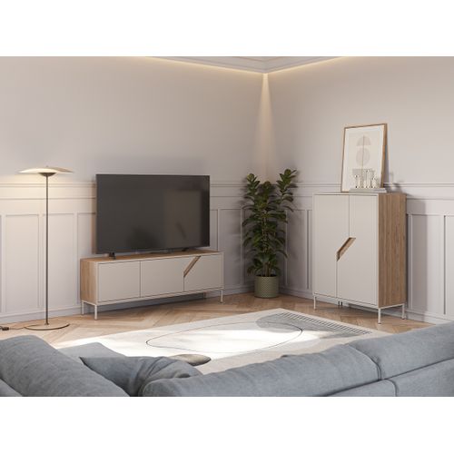 Buffet, Meuble De Rangement Avec 2 Portes Aspect Bois Coloris Chêne, Crème
