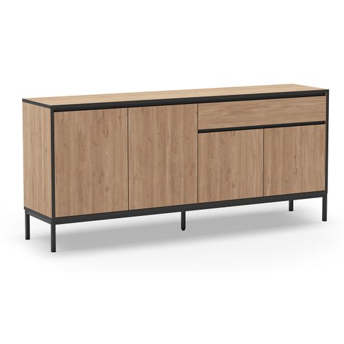 Buffet, Commode Basse Avec 4 Portes Et 1 Tiroir Aspect Bois Coloris Chêne Et Pieds En Métal Noir