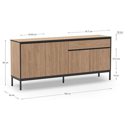 Buffet, Commode Basse Avec 4 Portes Et 1 Tiroir Aspect Bois Coloris Chêne Et Pieds En Métal Noir