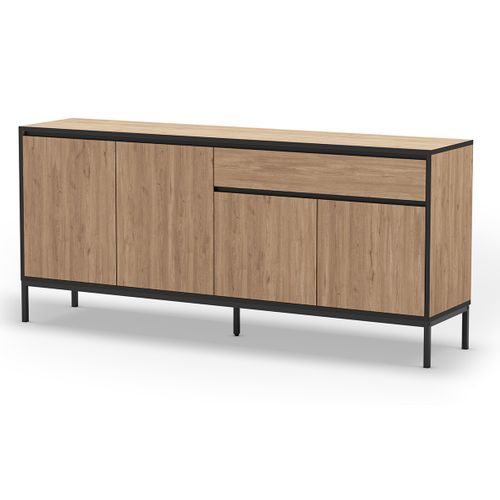 Buffet, Commode Basse Avec 4 Portes Et 1 Tiroir Aspect Bois Coloris Chêne Et Pieds En Métal Noir