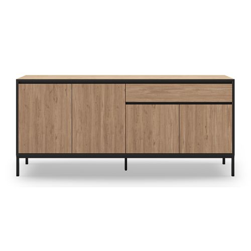 Buffet, Commode Basse Avec 4 Portes Et 1 Tiroir Aspect Bois Coloris Chêne Et Pieds En Métal Noir