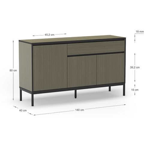 Buffet, Commode De Rangement Avec 3 Portes Et 1 Tiroir Aspect Bois Coloris Vert, Pieds En Métal