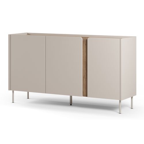 Buffet, Meuble De Rangement Avec 3 Portes Aspect Bois Coloris Crème, Chêne Et Pieds En Métal