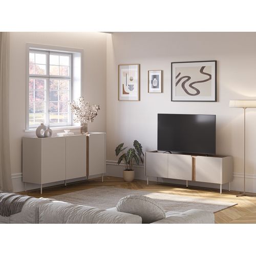 Buffet, Meuble De Rangement Avec 3 Portes Aspect Bois Coloris Crème, Chêne Et Pieds En Métal
