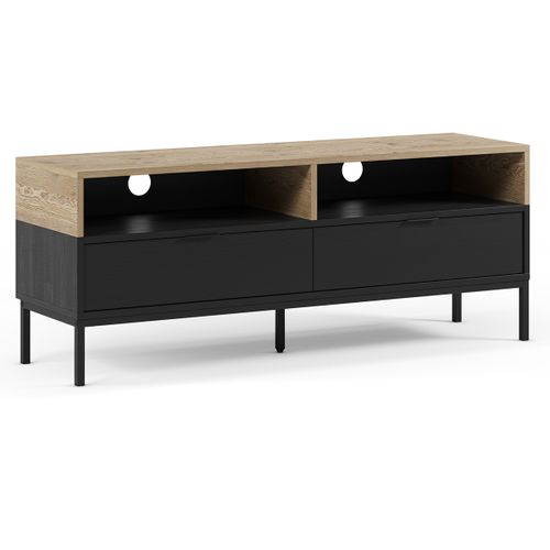 Meuble TV, Meuble De Salon Avec 2 Tiroirs Et 2 Niches Aspect Bois Coloris Chêne, Noir