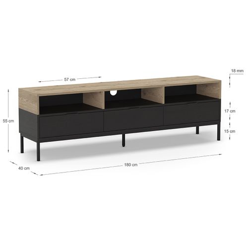 Meuble TV, Meuble De Salon Aspect Bois Coloris Chêne, Noir Et Pieds En Métal
